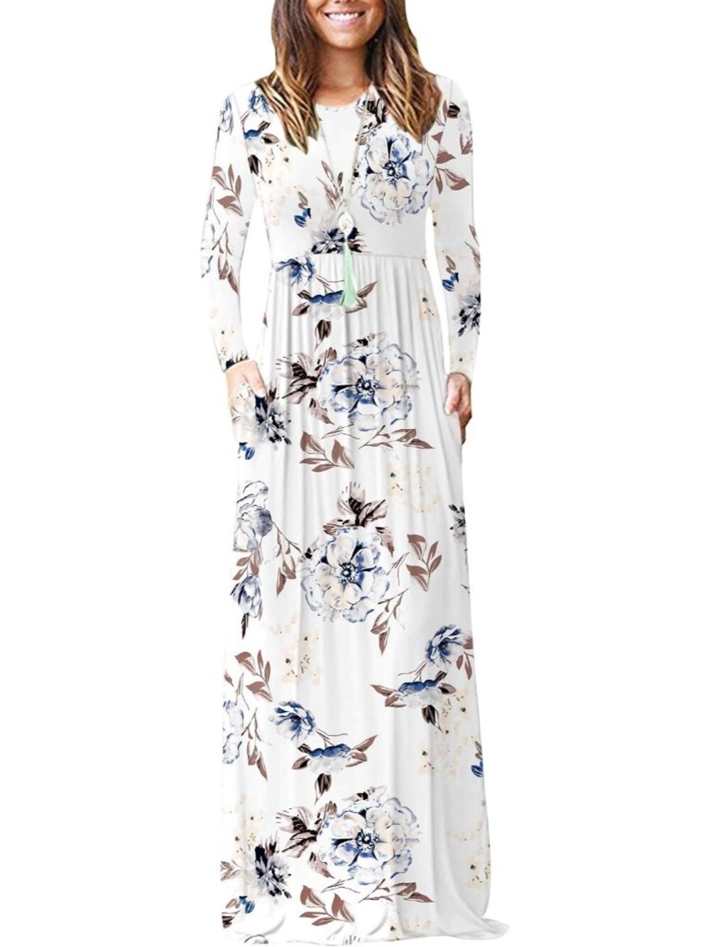 Women's Floral White Crew Neck Long Sleeve Pull On Soft Pocket Maxi Dresses
